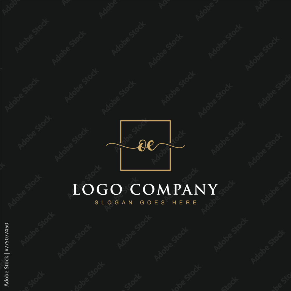 Initials signature letters OE linked inside minimalist luxurious square line box vector logo gold color designs for brand, identity, invitations, hotel, boutique, jewelry, photography or company signs