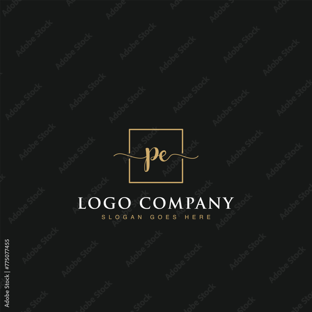 Initials signature letters PE linked inside minimalist luxurious square line box vector logo gold color designs for brand, identity, invitations, hotel, boutique, jewelry, photography or company signs