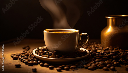 coffee ads with cup of drink and beans