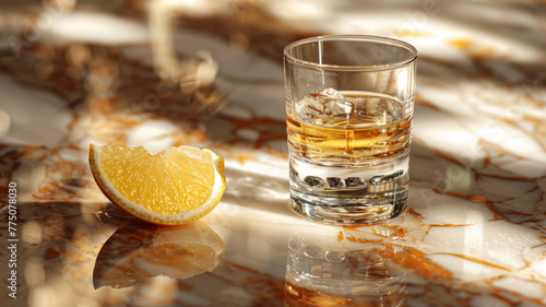 Glass of whiskey with ice and lemon slice on table