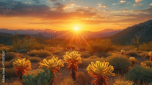 A beautiful sunset in the desert with cacti. Generative AI. photo