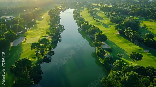 An aerial view of a sprawling golf course with lush green fairways © Be Naturally