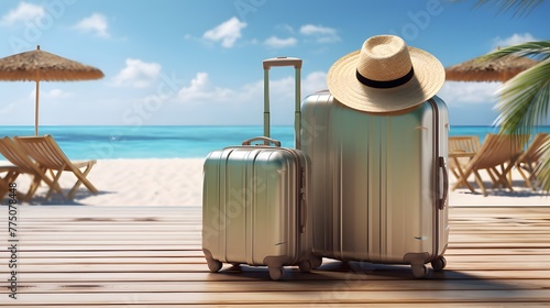 suitcases on the beach sand. travel concept © Spyrydon