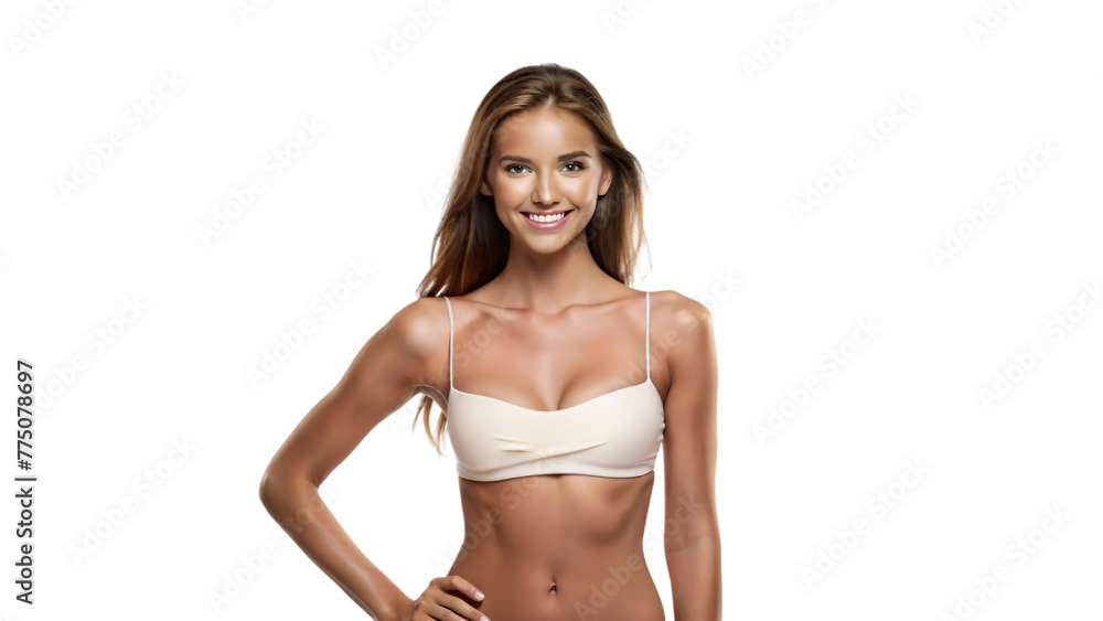 Smiling tan woman , radiating beauty and confidence, showcasing her cute expression and bright teeth in a studio fashion portrait Smiling tan woman , radiating beauty and confidence, showcasing her cute expression and bright teeth in a studio fashion portrait