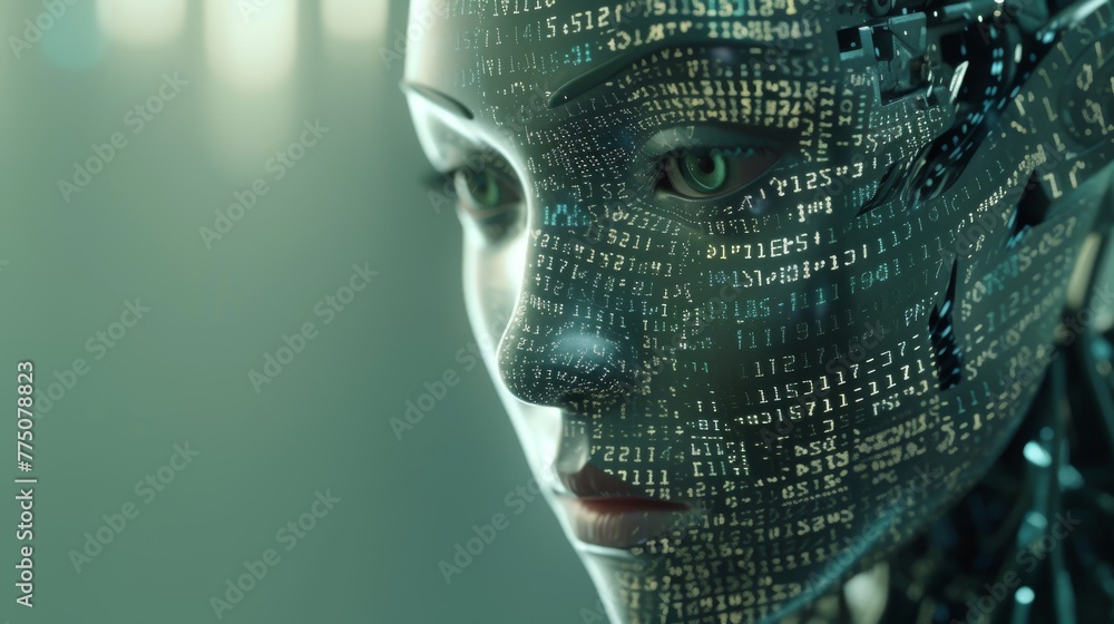 Stylized AI robot head and face  with a binary code matrix forming its facial features, set against a straightforward, subdued background - obrazy, fototapety, plakaty 