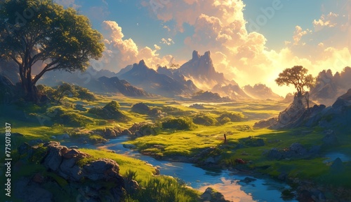 A fantasy landscape painting of an ethereal valley, with misty mountains in the background and lush green grass covering its surface. 