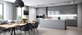 modern Kitchen White Marble worktop and Grey Gloss Units and tiled flooring