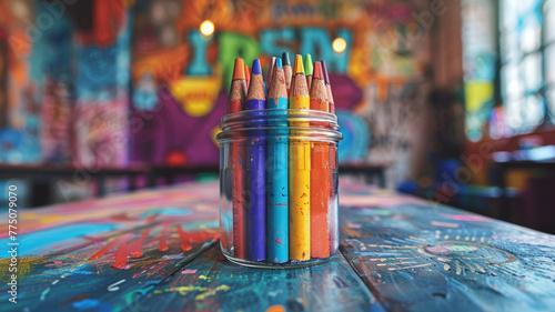 A jar of colored pencils on a painted table.