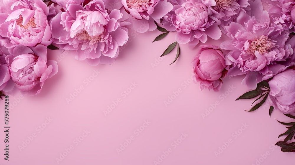 Festive bouquet of delicate peonies in pastel colors. Background for a holiday card or invitation. Blooming spring banner - lilac peonies, top view Festive bouquet of delicate peonies in pastel colors. Background for a holiday card or invitation. Blooming spring banner - lilac peonies, top view