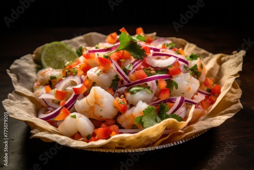 Exquisite ceviche on a wooden board against an aluminum foil background