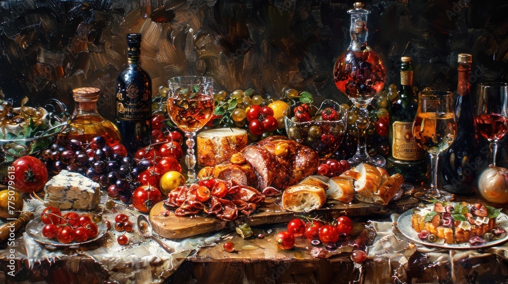 A stylish advertisement for gastronomic indulgence, enhanced by vivid oil paints.