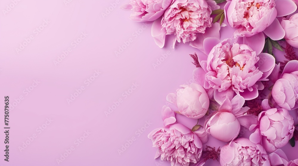 Festive bouquet of delicate peonies in pastel colors. Background for a holiday card or invitation. Blooming spring banner - lilac peonies, top view Festive bouquet of delicate peonies in pastel colors. Background for a holiday card or invitation. Blooming spring banner - lilac peonies, top view