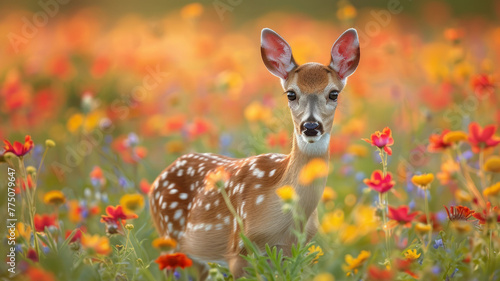 Young deer surrounded by flowers