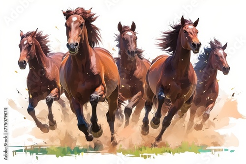 A herd of horses running fast  on a white background