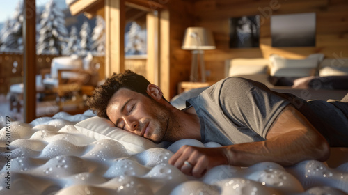 A man lies on a side sleeper pillow, resting on a gel-infused foam mattress.He looks peaceful, asleep.There is no fitted sheet on the matress.The bedroom is warm and friendly with natural colors and m photo