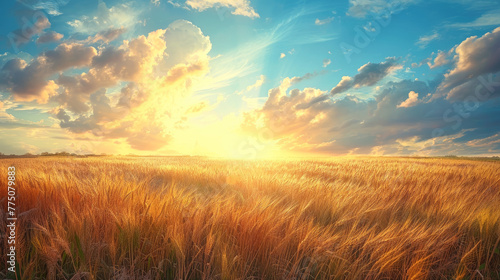 detailed and vibrant image of a vast wheat field, capturing the essence of a serene and bountiful harvest season. The field should be sprawling and golden, with tall stalks of wheat gently swaying und photo