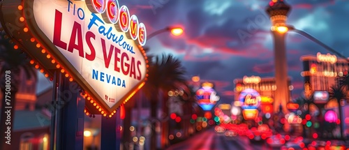 Capturing the Vibrant Nightlife and Allure of Las Vegas: The Welcome to Fabulous Las Vegas Sign at Sunset. Concept City Lights, Iconic Landmarks, Sunset Silhouettes, Neon Glow
