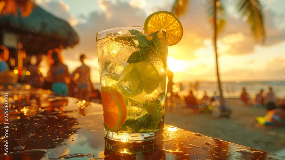 A mojito cocktail on a beach at sunset - obrazy, fototapety, plakaty 