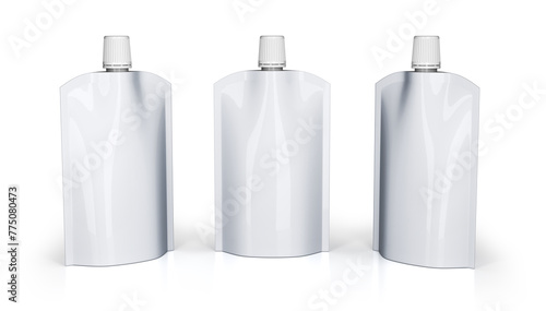Set of white blank flexible pouches with top cap. Food or drink bag packaging template. 3d illustration on white background