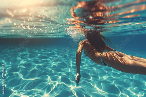 Underwater Photo of Girl Discovering Serenity and Relaxation. Mental Wellness Concept photo