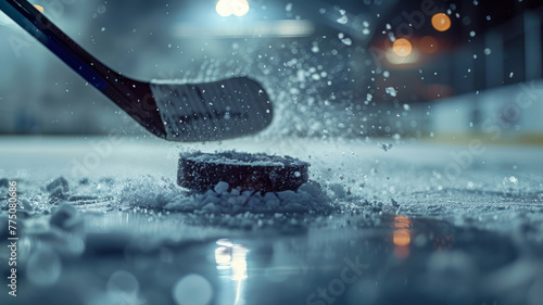 Ice hockey puck on rink with stick