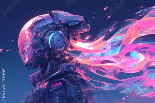 A beautiful digital artwork of an AI robot head with headphones, surrounded by glowing abstract waves and futuristic elements, symbolizing the blend between music technology and artificial intelligenc photo