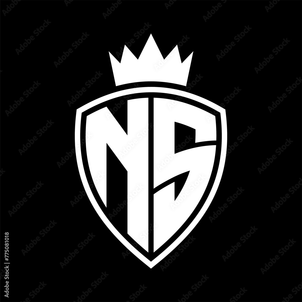 NS Letter monogram shield and crown outline shape with black and white color design NS Letter monogram shield and crown outline shape with black and white color design