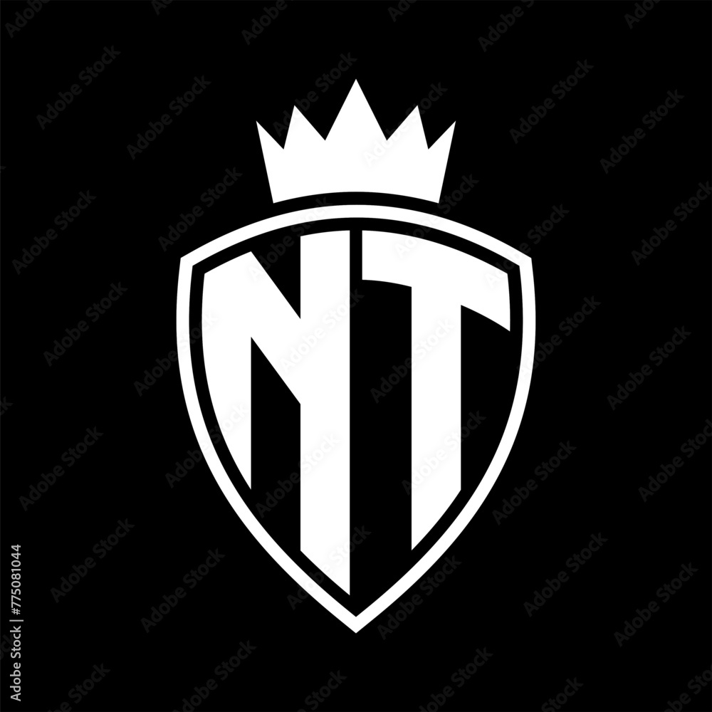 NT Letter monogram shield and crown outline shape with black and white color design NT Letter monogram shield and crown outline shape with black and white color design