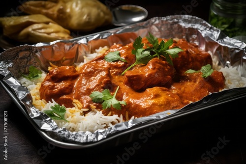 Hearty chicken tikka masala on a plastic tray against an aluminum foil background