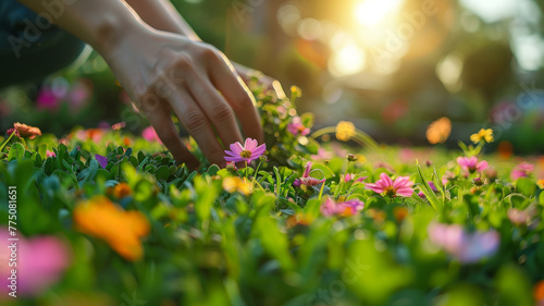Hand picking flowers in sunlight.