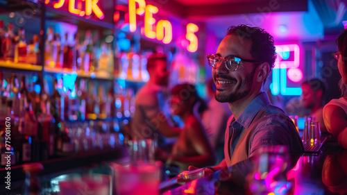 Man smiling at a bar with friends.
