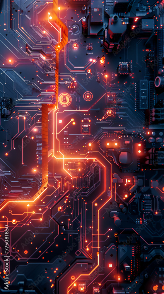 Circuit board with running data by a glowing lines ,Image of technology circuit over black background. global technology and digital interface concept digitally
Circuit board with running data by a glowing lines ,Image of technology circuit over black background. global technology and digital interface concept digitally