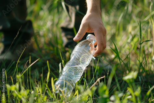 Close-up of a person's hand picking up a plastic bottle in the grass, showing environmental care and waste management
