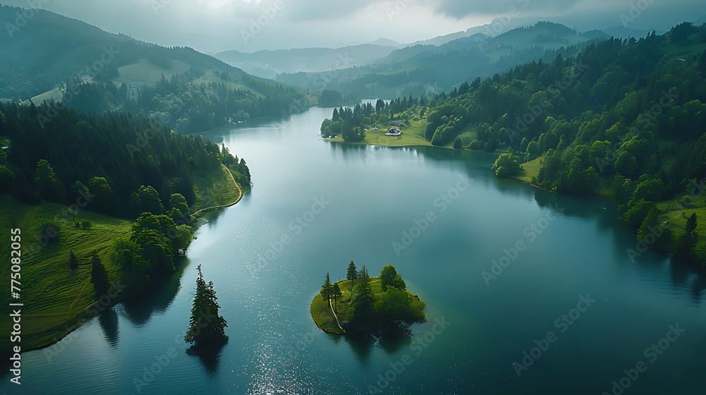 An aerial view of a tranquil lake nestled amidst rolling hills and forests