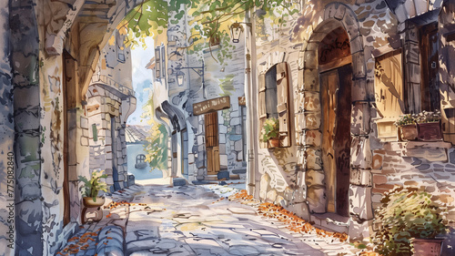 Cityscape with watercolor paints. Street in the old town watercolor