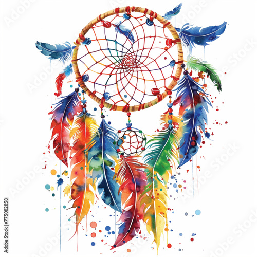 Watercolor painting of a dreamcatcher surrounded by colorful flowers.