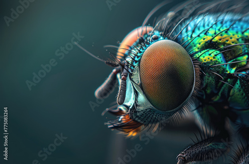 A closeup of the head and eyes of an iridescent green fly, with its distinctive features in focus. The background is blurred to emphasize the subject