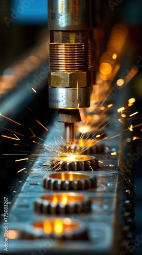 A machine cuts a piece of metal, creating sparks