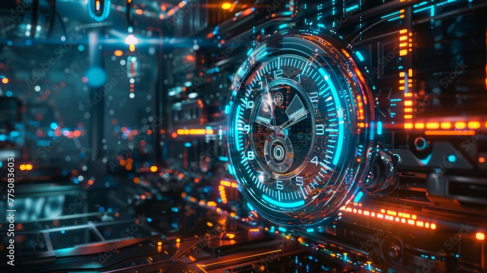 Advanced time concept in cyber technology style - An intricate cyber concept image featuring a clock interface amidst digital surroundings, suggesting advanced time management