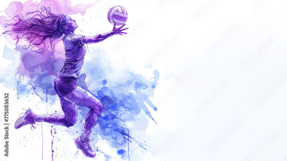 Purple watercolor painting of Volleyball player in action