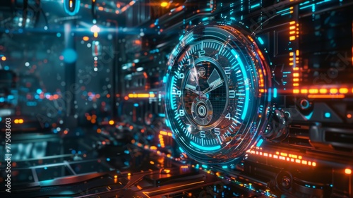 Advanced time concept in cyber technology style - An intricate cyber concept image featuring a clock interface amidst digital surroundings, suggesting advanced time management © Mickey