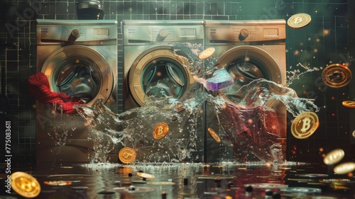 Dynamic laundry scene with flying coins - An imaginative depiction of machines washing money, implying money laundering or cryptocurrency concept