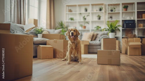 Moving a family with a dog. Photo of a dog on the background of moving boxes. moving with a pet photo