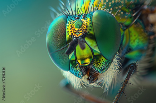 A closeup of the head and eyes of an iridescent green fly, with its distinctive features in focus. The background is blurred to emphasize the subject © Kien