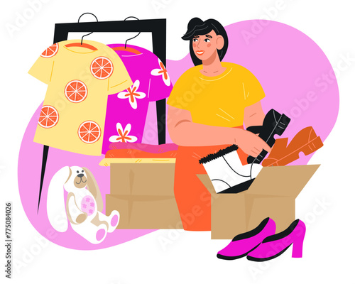 Woman packing used clothing for Garage sale or donation box, flat vector illustration isolated on white background. Declutter of closet, sorting for sale, recycle or donation of unwanted clothes.