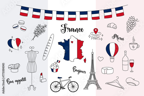 France doodles set vector. Illustration of cute hand drawn outline French symbols Eiffel Tower, lavender, country map, flag and others. National lankmarks clip art collection