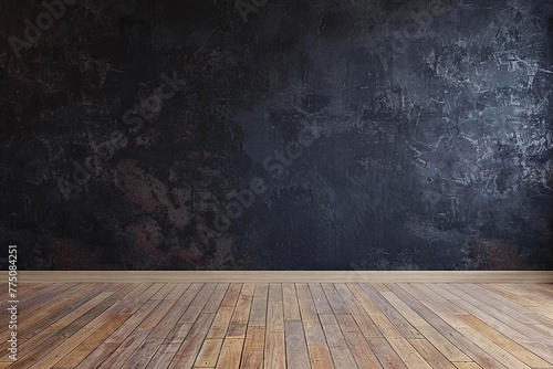 Empty room with black wall and wooden floor  minimalist style  dark stylish design