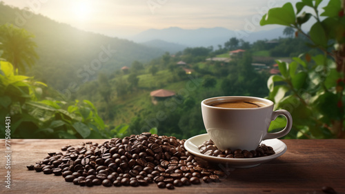 steaming hot coffee cup amidst coffee beans on a wooden table, with a panoramic view of green hills stretching into the distance.