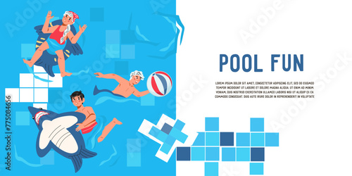 Kids beach and pool holiday banner or flyer design for swim party invitations and advertising posters, flat vector illustration. Banner or flyer design for children swimming pool activity.