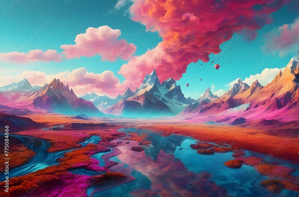 Vivid painting of a mountain landscape with river, clouds, and vibrant colors